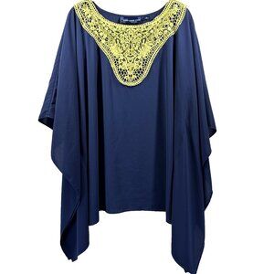 Susan Graver Women's Top Plux 2X Beaded 3/4 Kimono Sleeves Blue Yellow Lace